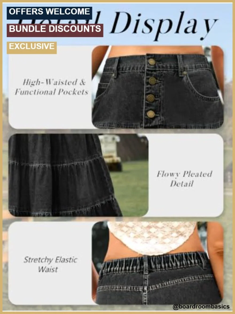 Tiered A-Line Denim Maxi Skirt - High Waist Button Front Flowy Boho Ruffle